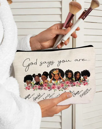 Miniatura 8 de LANBAIHE Bolsa de maquillaje cosmética especial afroamericana con texto en inglés "God Says You are One", regalo inspirador para amigas, hermanas