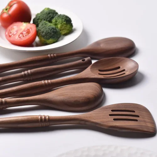 Miniatura 4 de Gudamaye Utensilios de madera de nogal negro de 12 pulgadas, juego de 6 cucharas para manualidades para cocinar