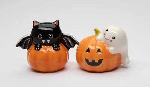 Miniatura 8 de Juego de salero y pimentero de cerámica fina para Halloween, casper y murciélago en calabaza, 3-1/8 pulgadas de largo