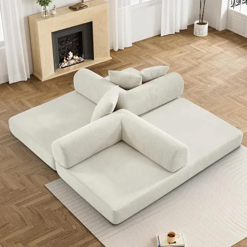Miniatura 8 de DAMAIFROM Sofá cama convertible con almohada cilíndrica, sofá cama plegable de pana con marco de forma fija, sofá modular de suelo para sala de Beige