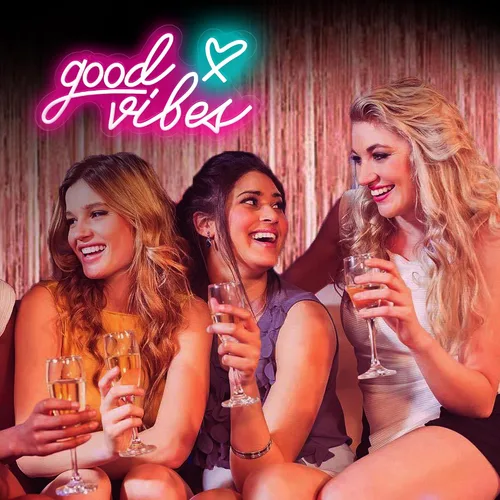 Miniatura 2 de Good Vibes - Letrero de neón rosa con corazón, luces LED rosas de 15.7 x 8 pulgadas, funciona con USB, letrero LED Good Vibes para dormitorio