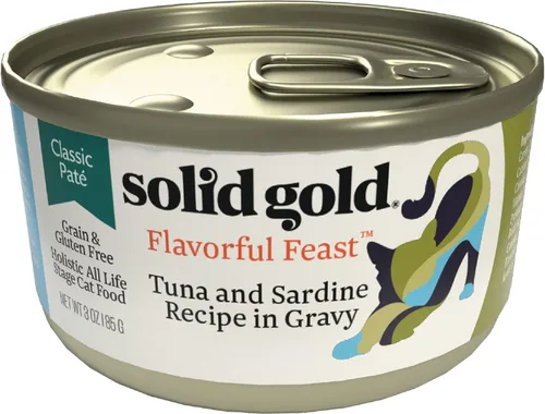 Miniatura 48 de Solid Gold comida húmeda para gatos desmenuzada con salsa - Alimento enlatado para gatos hecho con atún real y caballa - Sin granos de los Cinco