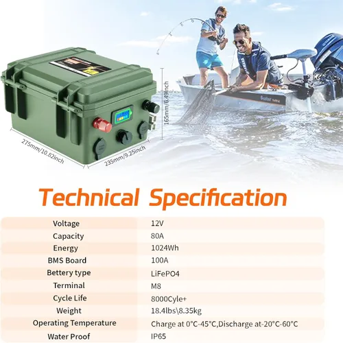 Miniatura 2 de Batería LiFePO4 de 12 V 80 Ah, batería para motor de arrastre con BMS de 100 A integrado 1024 Wh, baterías de litio de ciclo profundo 8000+ de 12 V