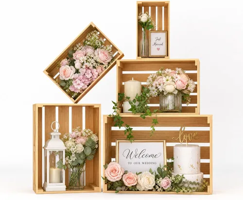 Miniatura 10 de 5 piezas de cajas de madera decorativas para exhibición, 5 tamaños grandes de cesta de madera estilo granja para contenedor de almacenamiento