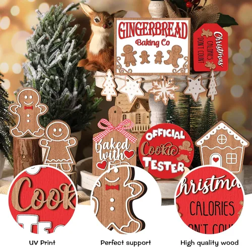 Miniatura 4 de Jetec 12 piezas de decoración de bandeja escalonada de Navidad, pan de jengibre, casa de pan de jengibre, copos de nieve, letrero de madera