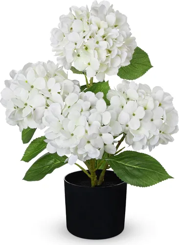 Miniatura 21 de Hollyone Flores artificiales de hortensias azules en maceta, flores grandes de seda de tres cabezas, arreglos florales falsos para interiores