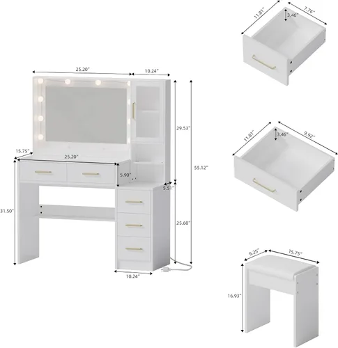 Miniatura 3 de TOKSOM Tocador de maquillaje con luces y estación de carga, mesa de tocador blanca con 5 cajones y estantes de almacenamiento abiertos, juego