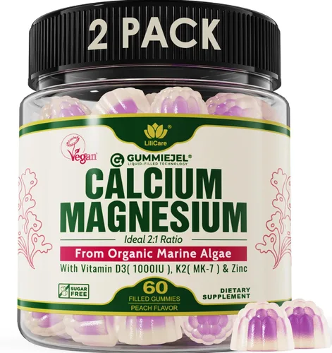 Paquete de 2 gomitas de calcio a base de plantas de 600 mg con vitamina D3 K2, magnesio, zinc para fortaleza ósea, suplementos de calcio sin azúcar