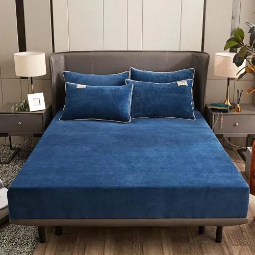 Sábana bajera suave para invierno, cálidas, antideslizantes, de terciopelo cristalino, para dormitorio, casa de familia, color puro, para cama Azul