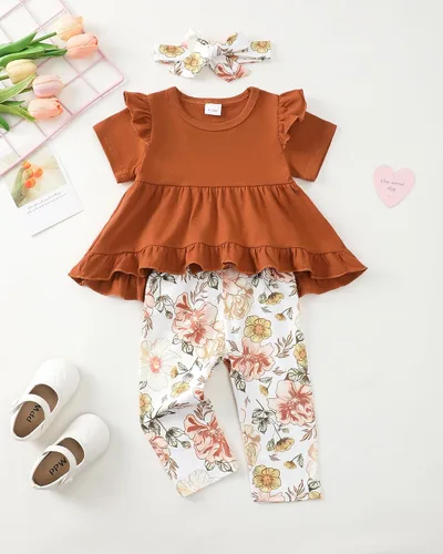 Miniatura 103 de Kucnuzki Conjunto de ropa para bebé niña pequeña, camisa de manga con volantes, pantalón floral, ropa de otoño e invierno para niña