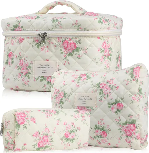 Miniatura 14 de NATINSA Linda bolsa de maquillaje para mujeres (2 piezas), bolsas de cosméticos de viaje, bolsa organizadora de aseo acolchada coqueta con flores