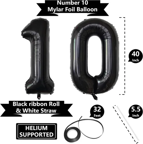Miniatura 2 de Globos de 40 pulgadas negros con 10 números, globos gigantes de helio de Mylar de lámina negros con números para cumpleaños, globos digitales