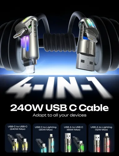 Miniatura 2 de Cable USB C de LISEN de 3 pies para cargador Samsung tipo C, cable de carga 4 en 1 con luz, cable de carga múltiple para iPhone 16 15 14 Pro Rosa