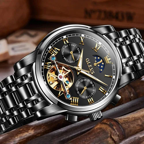 Miniatura 3 de OLEVS - Reloj mecánico automático Tourbillon Slef-Wind lujoso de acero inoxidable resistente al agua luminoso y con fecha