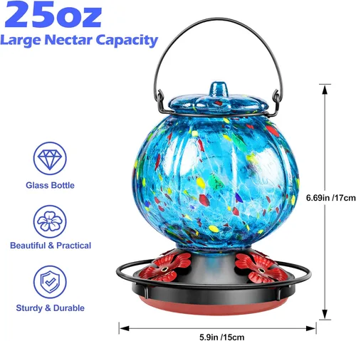 Miniatura 5 de Comedero para colibríes para exteriores – Comedero para pájaros de vidrio azul soplado a mano, a prueba de fugas, fácil de llenar y limpiar, 25
