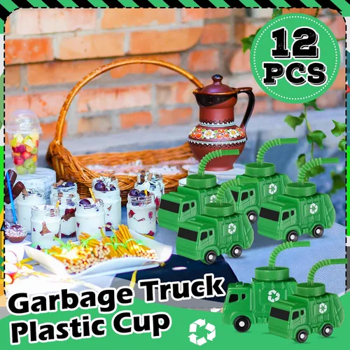 Miniatura 2 de Tanlade 12 juegos de tazas de basura con pajitas, decoraciones de fiesta de cumpleaños de camión de basura, 10 onzas de plástico con forma de coche