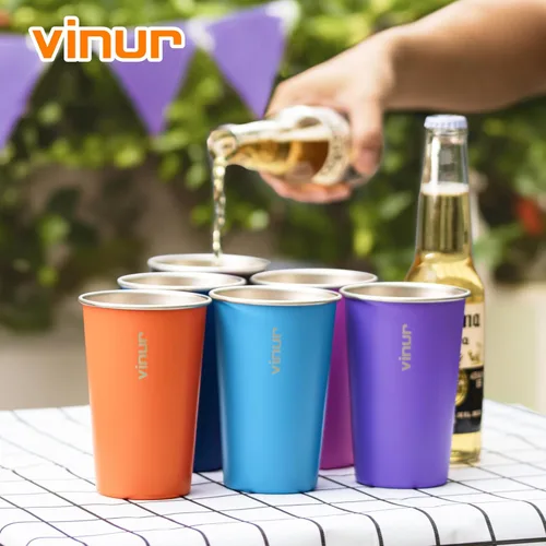 Miniatura 6 de VINUR Paquete de 4 vasos de acero inoxidable de 16 onzas, vasos apilables de metal para viajes, campamento, exteriores