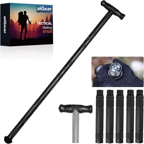 aiGear Bastón de senderismo de alta calidad mecanizado CNC para exteriores con herramientas sólidas y duraderas, silbato y brújula