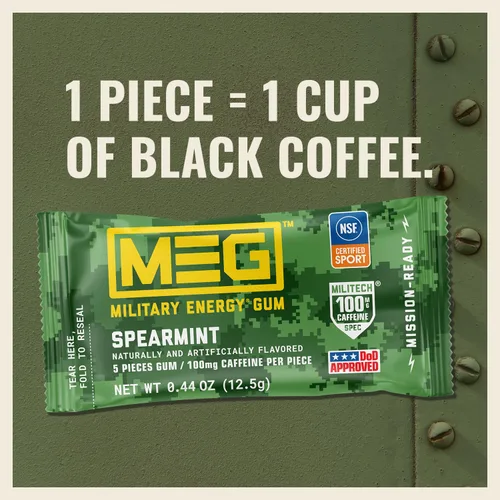 Miniatura 6 de MEG - Goma de mascar de energía militar 100 mg de cafeína por pieza + aumenta la energía + aumenta el rendimiento físico + menta verde paquete