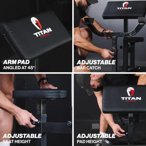 Miniatura 5 de Titan Fitness Estación de peso ajustable de predicador, capacidad de 250 libras, asiento de banco ajustable, reposabrazos ajustable, cierres
