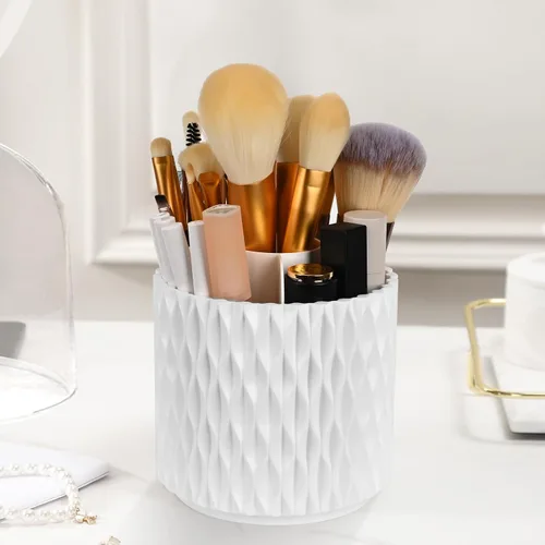 Miniatura 6 de WAFJAMF Organizador de brochas de maquillaje con tapa, organizador giratorio de 360 grados para tocador y baño, 5 ranuras para brochas de Blanco