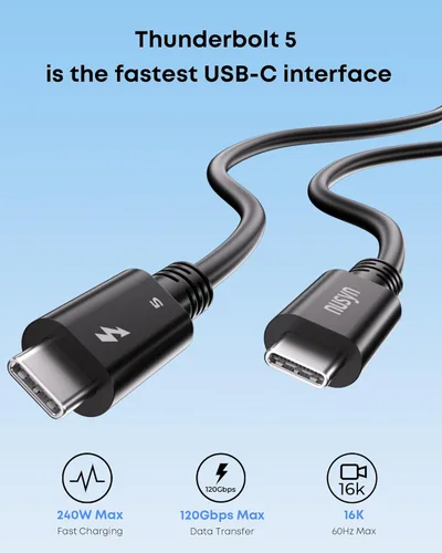 Miniatura 2 de Cable Thunderbolt 5, cable USB C de 3.3 pies con certificación Intel, carga rápida de 240 W, ancho de banda de hasta 120 Gbps, pantallas de 16K/8K