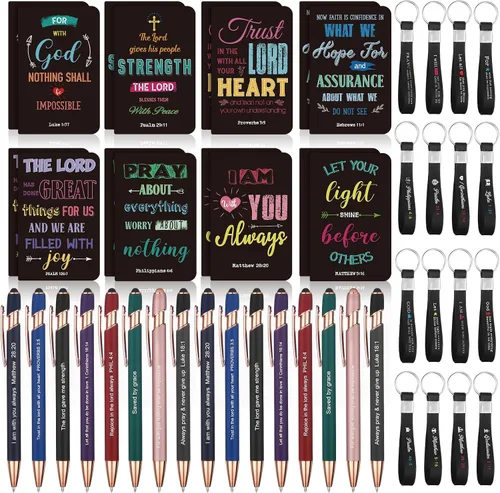 PerKoop Juego de 48 piezas de regalos inspiradores, blocs de notas bíblicos de Jesús de 3 x 5 pulgadas, bolígrafos, llaveros a granel, mini