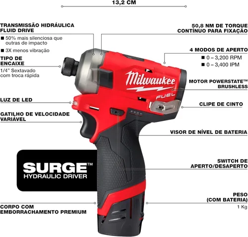 Miniatura 3 de Milwaukee 2551-20 M12 FUEL SURGE Controlador hidráulico hexagonal inalámbrico compacto de iones de litio de 1/4 pulgadas (solo herramienta)