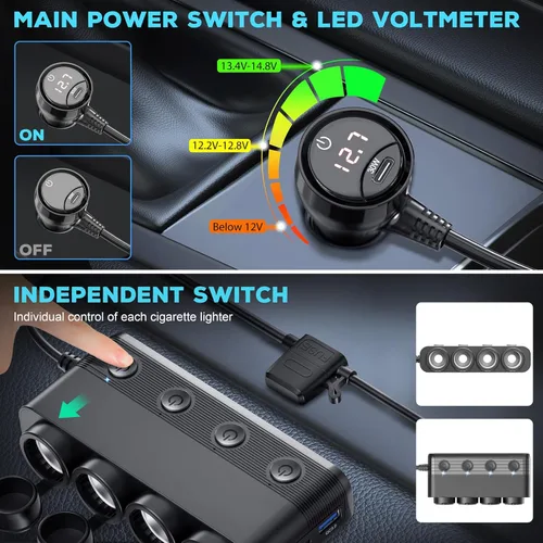 Miniatura 6 de Cargador de coche divisor de encendedor de cigarrillos, 300 W, 4 enchufes, adaptador de 12 V con doble PD 36 W y QC3.0 USB C multipuerto