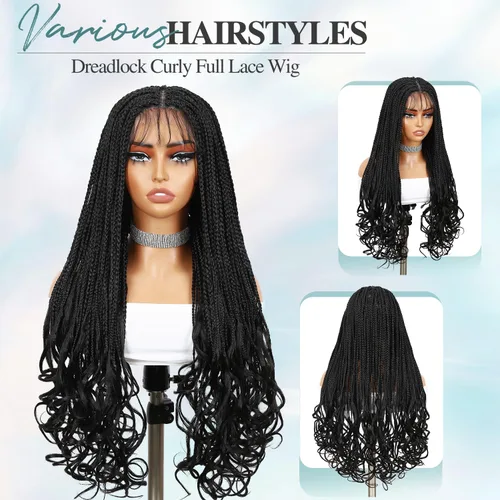 Miniatura 9 de Pelucas trenzadas de encaje completo, sin nudos, trenza, peluca de extremos rizados para mujeres negras, 28 pulgadas, cuadrada, trenzada, encaje