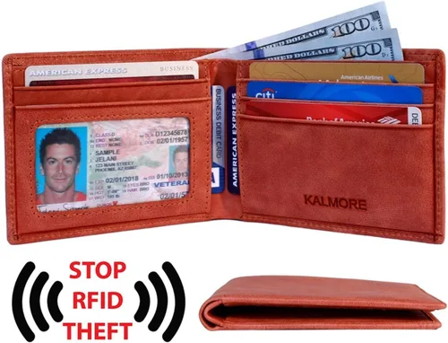Miniatura 3 de KALMOR Cartera de bolsillo plegable de cuero para hombre con bloqueo RFID extra delgada con ventana de identificación