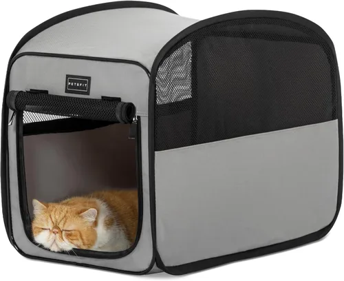 Petsfit Jaula plegable para perros, jaula de viaje para gatos y cachorros, jaula pequeña emergente para mascotas para interiores y exteriores, Gris