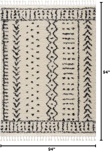 Miniatura 118 de Hauteloom, Duncans - Alfombra de estilo granja de pelo mullido para sala y dormitorio, con borlas - Beige, carbón, gris - 2 pies 7 pulgadas x 7 pies