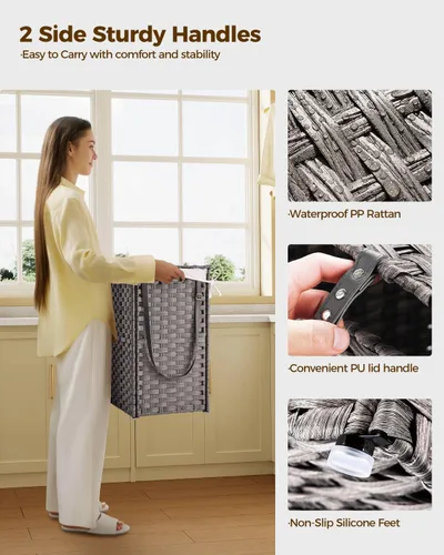 Miniatura 92 de GREENSTELL Cesta para ropa sucia con ruedas y tapa, 130 L, cesta grande de 3 secciones con 2 tipos de bolsas de forro extraíbles, 5 bolsas de malla