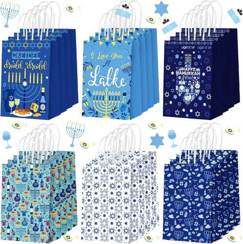 Outus 24 Piezas Bolsas de Favor de Fiesta de Hanukkah Bolsas de Papel de Regalo y Golosinas de Chanukah con Asas Estrella Azul de David Dreidel