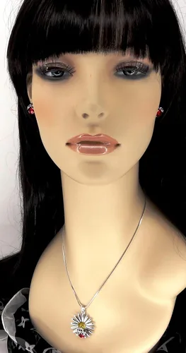 Miniatura 2 de Hermoso collar y aretes con colgante de mariquita en tono plateado, cadena de 19 pulgadas, joyería de moda en caja de regalo, Diamante de imitación