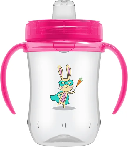 Dr. Brown's Milestones Vaso de aprendizaje con boquilla suave con asas, Conejito Rosa Héroe, libre de BPA, 9 oz/270 mL, 9m+ Pink Bunny Hero