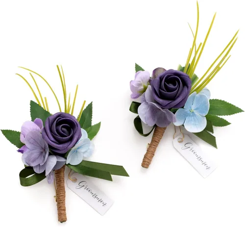 Miniatura 25 de Ling's moment Boutonniere para hombres, 2 piezas de novios, padrinos de boda, flores artificiales para bodas, bailes, regreso a casa, etc. Azul Azul