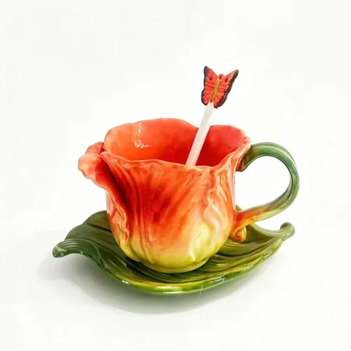 Juego de taza de té y platillo de cerámica, taza de café de flores pintadas a mano en 3D de 6 onzas, regalo para mujeres, tulipán naranja