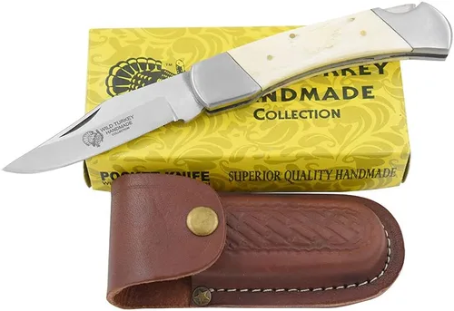 Miniatura 7 de Collection Everyday Carry Lock Back - Cuchillo plegable manual con funda de cuero, cuchillo de bolsillo liso con mango de hueso de color rojo