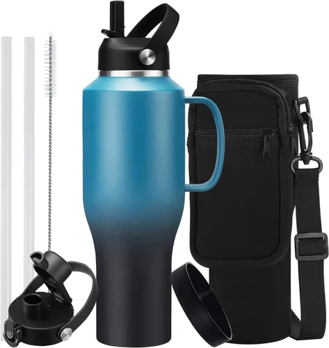 Miniatura 28 de Botella de agua de acero inoxidable de 32 onzas, frío-48 horas y caliente-24 horas, termo con popote y tapas de boquilla, bolsa, botella aislada al