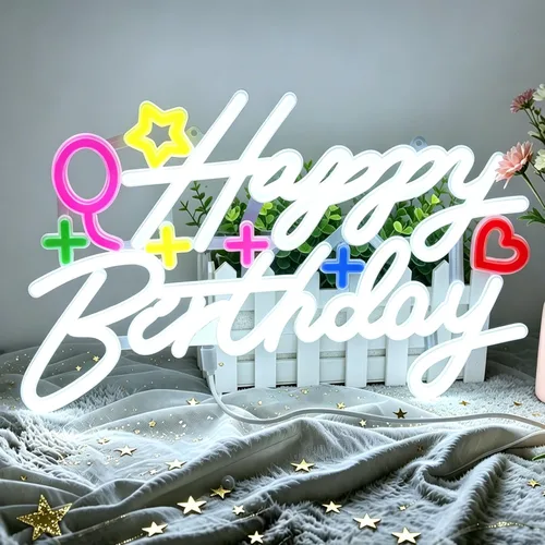 Letrero de neón de feliz cumpleaños, letrero con luz LED de feliz cumpleaños, luz de neón regulable alimentada por USB, letrero de neón de