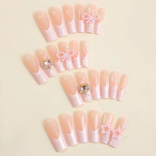 Miniatura 2 de Uñas postizas francesas a presión con forma de ataúd rosa estrella, diamantes de imitación, diseño brillante, cobertura completa, uñas acrílicas, 24