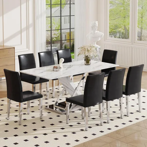 Miniatura 30 de Juego de mesa de comedor de mármol para mesa rectangular blanca de 4.63 pulgadas con marco de metal plateado en forma de X y 4 sillas de comedor