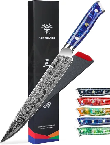 Miniatura 6 de Cuchillo para cortar carne de cocina de 9 pulgadas, serie Xuan, VG10, acero de damasco con mango de resina (verde jade)