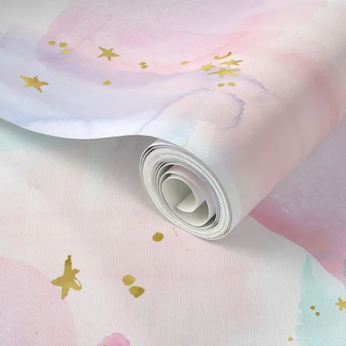 Miniatura 2 de Papel tapiz autoadhesivo para despegar y pegar, diseño de estrellas de acuarela de arcoíris, dorado, algodón, caramelo, pastel, unicornio, papel