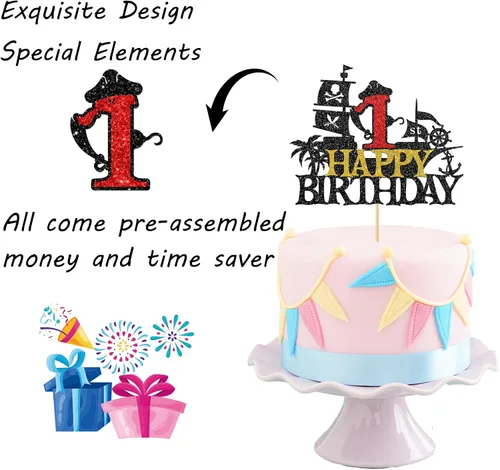 Miniatura 3 de Decoración para pastel de cumpleaños de 1er cumpleaños, barco pirata náutico de vela para primer cumpleaños, decoración de fiesta de cumpleaños