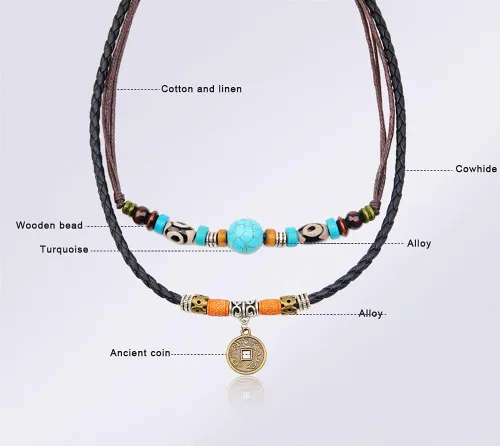 Miniatura 2 de Beulous Collar de cuero con cuentas de doble capa estilo tribal vintage para hombre y mujer, con colgante para surfista de verano y playa, Cuero, No