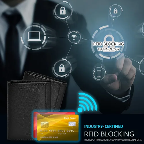 Miniatura 8 de Carteras RFID delgadas para hombre, billetera triple con bolsillo frontal de cuero genuino, Cartera RFID