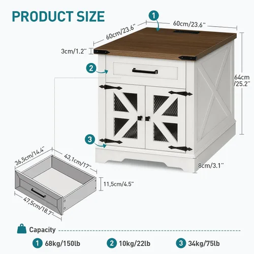Miniatura 2 de RALGEND - Mesa auxiliar blanca estilo granja con estación de carga, mesa auxiliar grande de 24" para sofá, mesa auxiliar grande para sala de estar